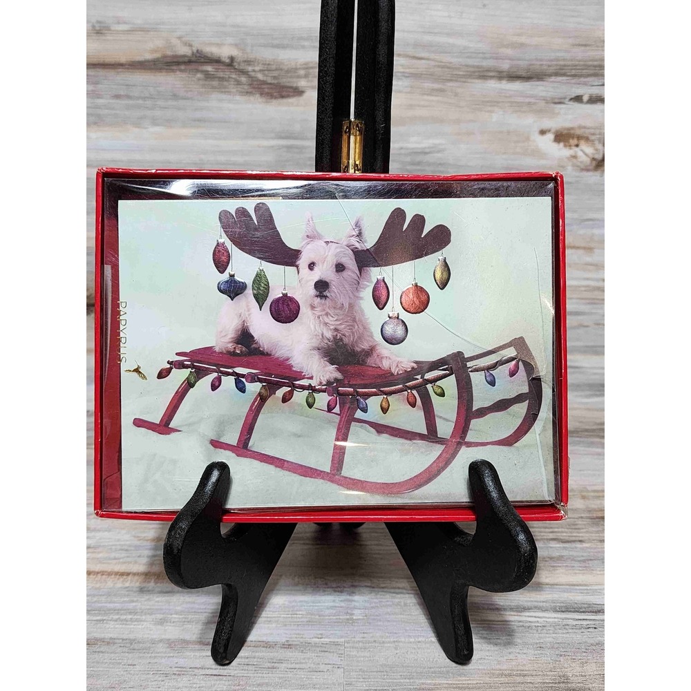 NEW Papyrus Christmas Terrier Ornament Dog With Antlers Sleigh 5x7 Set of 14